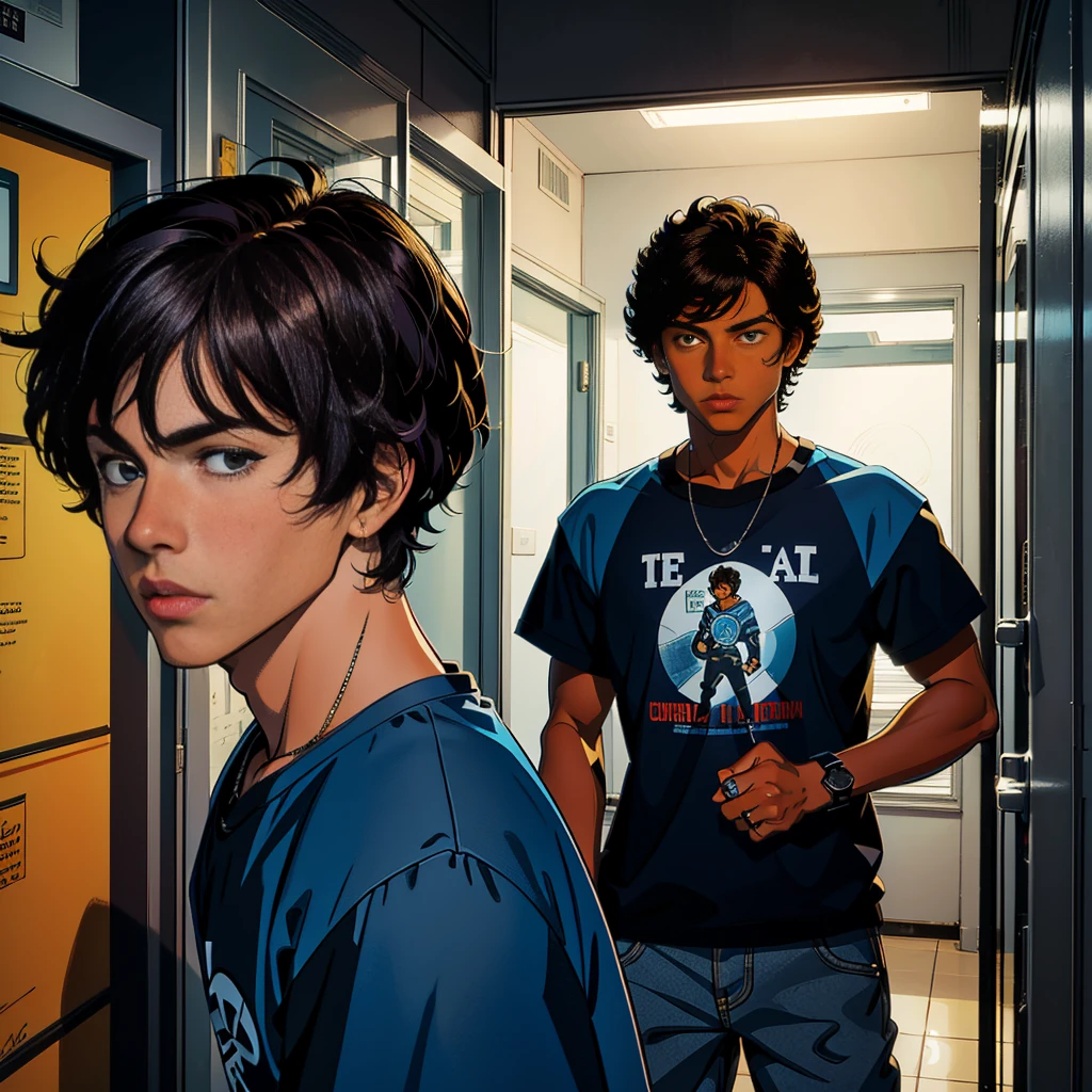  a teenage male character named Caleb Smith. he has dark skin, reflecting his mixed Brazilian and American heritage. your hair is short, slightly messy and dark brown. Caleb&#39;s eyes are light brown, full of a curious and mischievous expression. The character must appear confident. The style should mix 1980s comic book art with 1980s anime. The background should be transparent. Different angles, character sheet, white background --3:2 aspect ratio, different poses (((Detailed Character Sheet, Front view, Side view, three quarter view))) (((white background)))