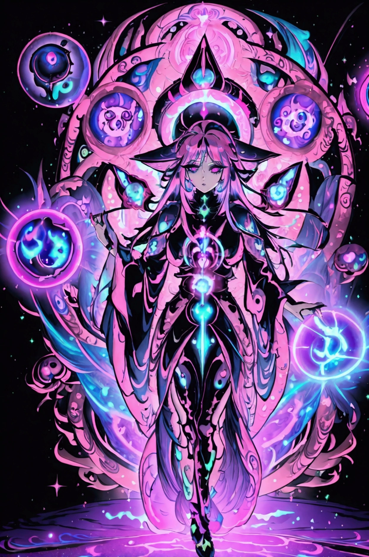 a pink haired sorceress with glowing neon hair, radiating power and dark energy, scepter of unimaginable power, death in her eyes, opening a portal, astral, cosmic power