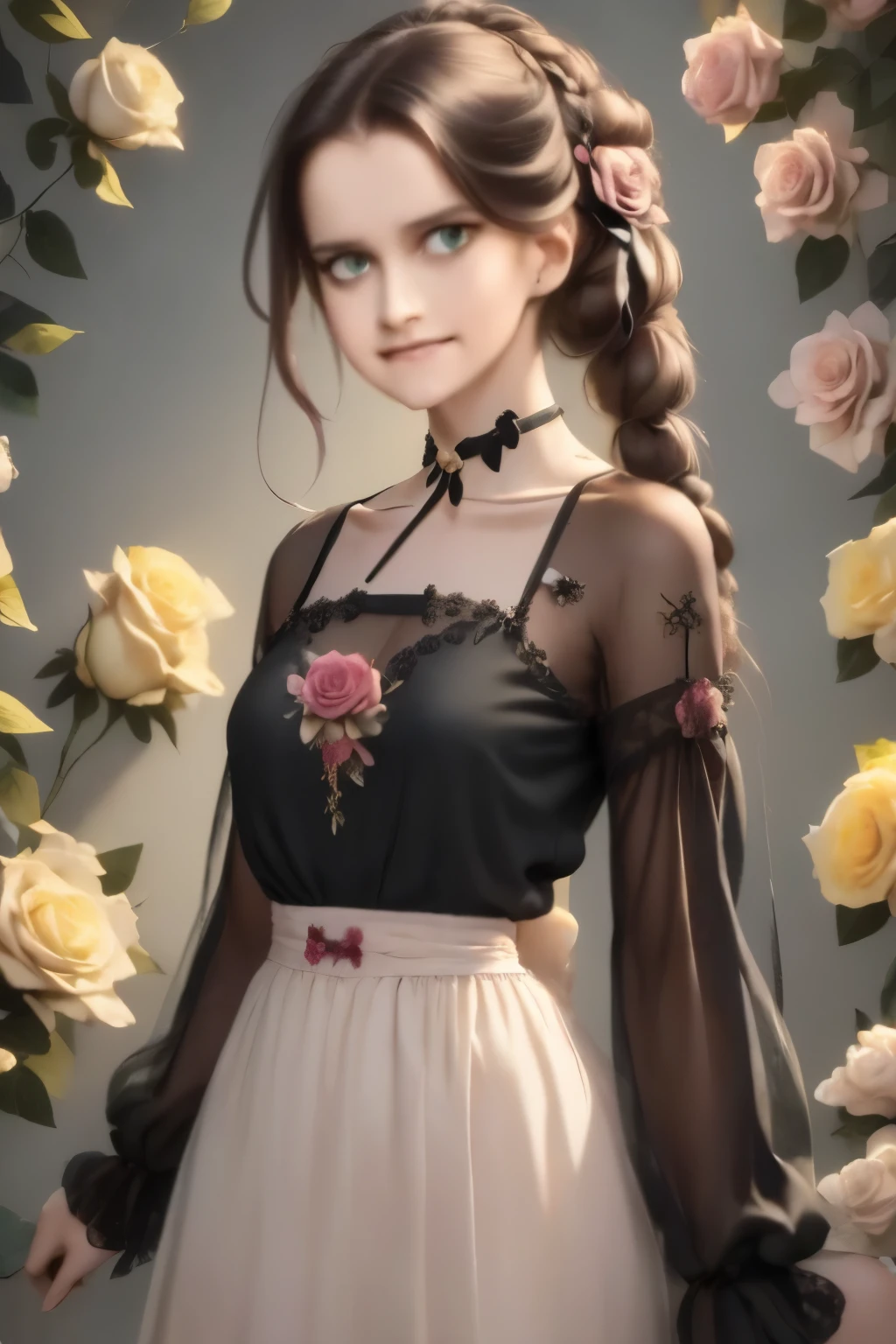 ((masterpiece, best quality)),best aesthetic,1girl, solo, long hair, black dress, flower, ribbon, black background, black hair, rose, yellow rose, red rose, pink rose, blu rose, hair ribbon, green eyes, long sleeves, white rose, closed mouth, black ribbon, upper body, cinematic lighting, party in bacgroun