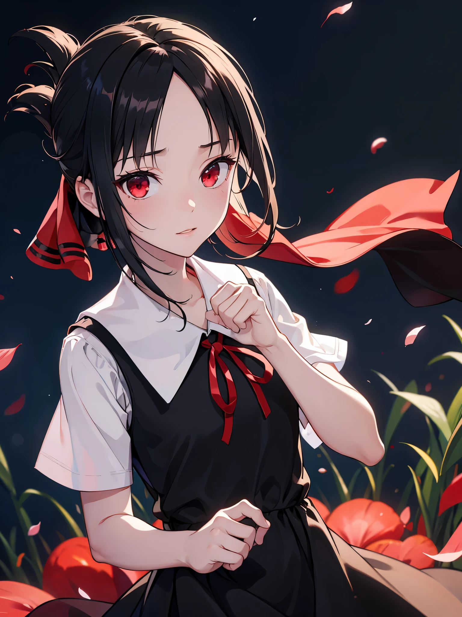 masterpiece, best quality, highres, absurdres, vibrant colours, score_9, score_8_up, score_7_up, detailed, bbkaguya, short hair, folded ponytail, hair ribbon, parted bangs, neck ribbon, red ribbon, pinafore dress, white shirt, short sleeves, night, from behind, looking at viewer,