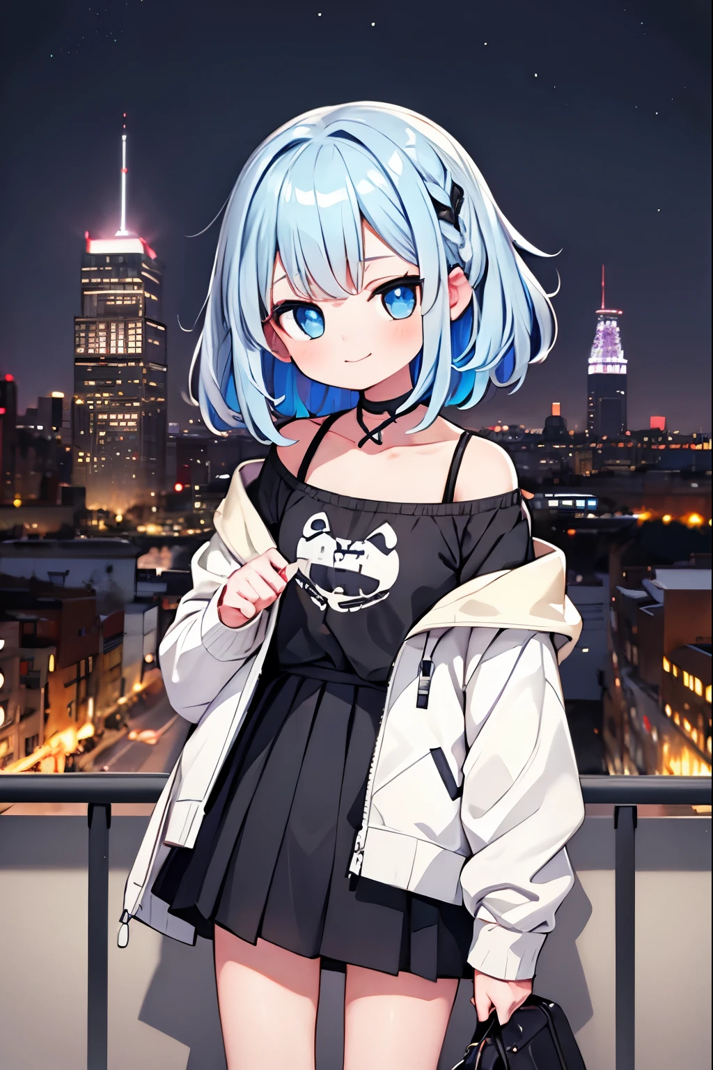 1girl, black_skirt, blue_hair, building, city, cityscape, hair_between_eyes, jacket, looking_at_viewer, medium_hair, multicolored_hair, multiple_boys, night, off_shoulder, outdoors, pleated_skirt, road, shirt, skirt, skyscraper, smile, solo_focus, street, white_shirt