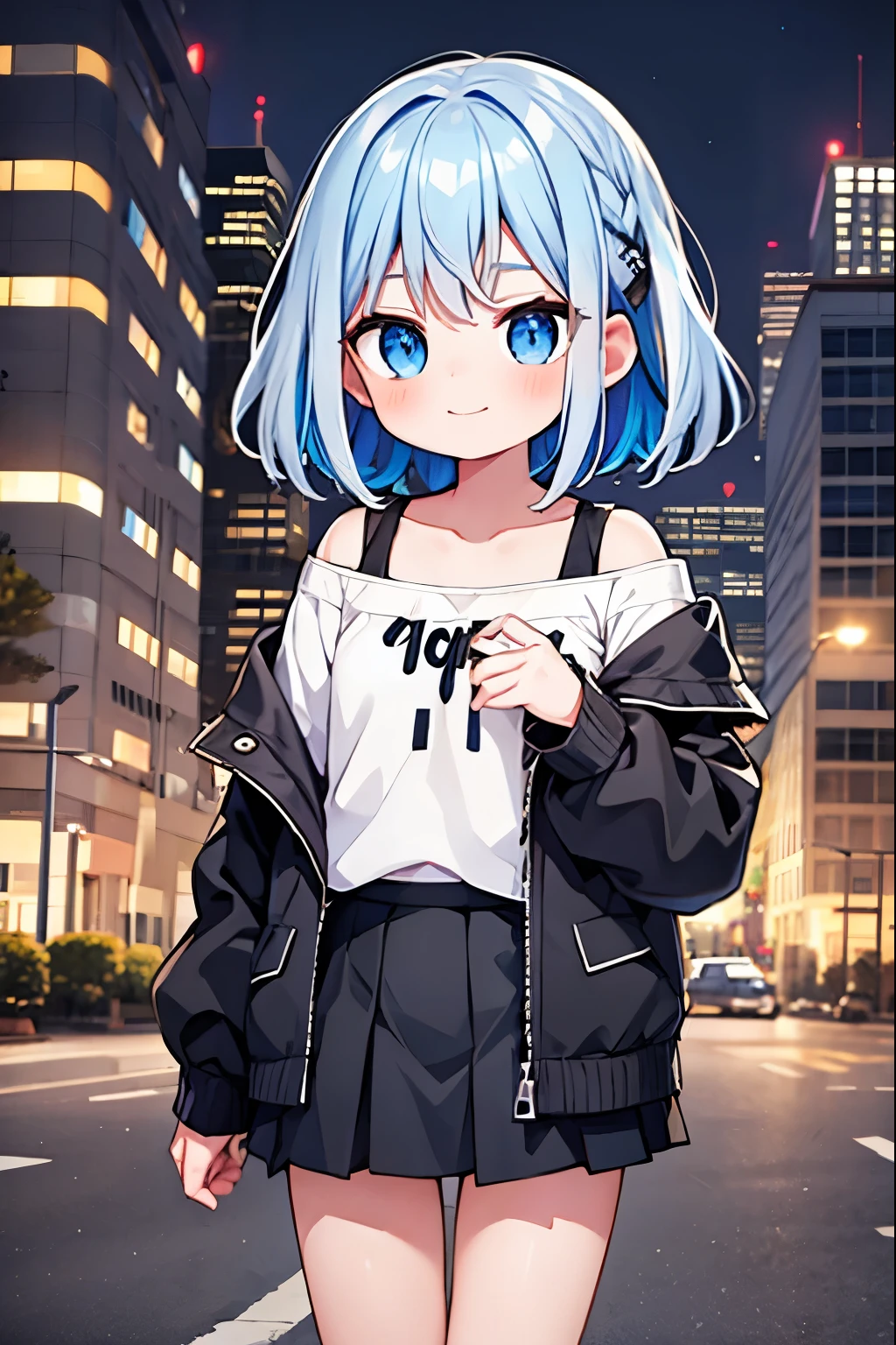 1girl, black_skirt, blue_hair, building, city, cityscape, hair_between_eyes, jacket, looking_at_viewer, medium_hair, multicolored_hair, multiple_boys, night, off_shoulder, outdoors, pleated_skirt, road, shirt, skirt, skyscraper, smile, solo_focus, street, white_shirt