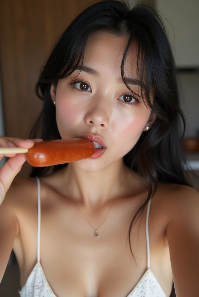 (best quality:1.2), masterpiece, Realistic, Ultra-high resolution, (((a beautiful Japanese idol woman:1.2))), ((Gaunt:1.3)), (((Very flat chest:1.4))), ((Baby Face)), villainess, arms up, show me your armpit:1.2, (((tip of sausage touches her armpit:1.2))), (She has condensed milk poured all over her body), (completely nude:1.2), ((Armpits are wet and shiny with sweat:1.2)), She has skin that sweats easily Soaking wet, Sweaty, ((I can see my pores:1.4)), ((Frightened expression:1.3)), (((Put a very-long-sausage in her mouth:1.3))), (torture chamber, prison:1.5)