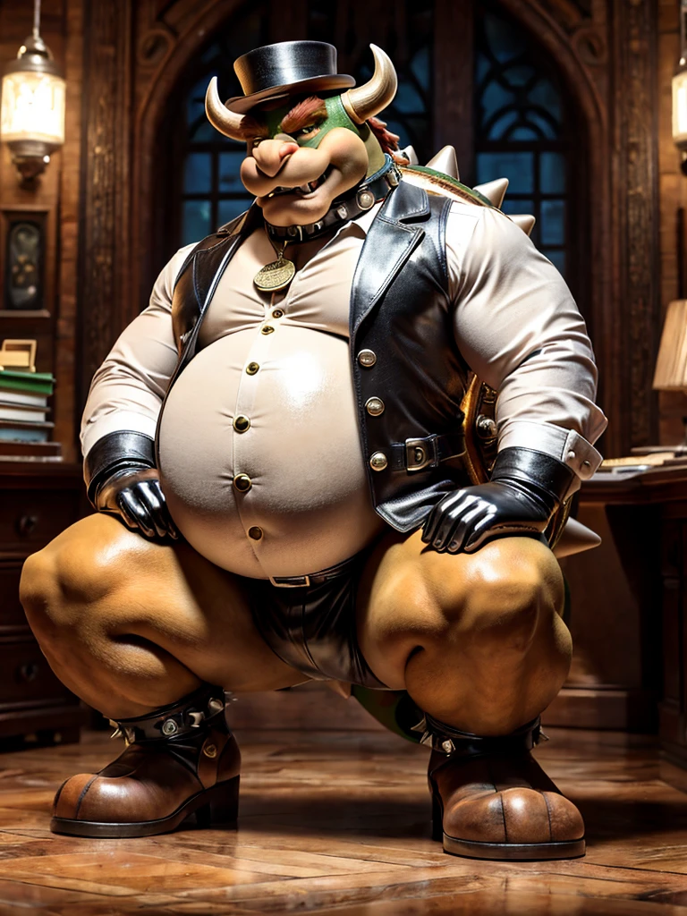 Bowser, leather collar, white rubber gloves on hands and feet, white spats on feet, fat, bulging belly, large belly, steampunk, (high quality,4k,8k,highres,masterpiece:1.2),ultra-detailed,(realistic,photorealistic,photo-realistic:1.37), masterpiece,(intricate details), captivating artwork, artistically rendered, masterful strokes, attention to detail, tasteful composition, alluring charm, careful shading, great attention to anatomy, meticulous rendering, impeccable craftsmanship, vivid colors, perfect balance between realism and fantasy. Solo, Male, fat, squatting, extremely obese, gentleman, dapper Professor Bowser, bulging belly, large belly, blue eyes, (posing:1.3), (soft shading), 4k, hi res, ((detailed face, detailed)), looking at viewer, mouth wide open, office, office setting, collared shirt with buttons, top hat, male focus, Explorer Outfit, glasses, monocle, vest with buttons, sleeves rolled up, round eyewear, brown headwear, brown vest, Bowser is wearing a glossy leather dog collar around the neck, Bowser is wearing the leather collar and shirt and vest at the same time, Bowser is wearing glossy white rubber gloves on the hands, wearing white rubber gloves on the feet, gloves are rubber in texture, clenching teeth, clenching fists, leather collar is glossy and shiny with a lot of detail, Bowser is wearing gloves and leather collar at the same time, leather collar has a round dog-tag, leather collar is thick and detailed, steampunk attire.