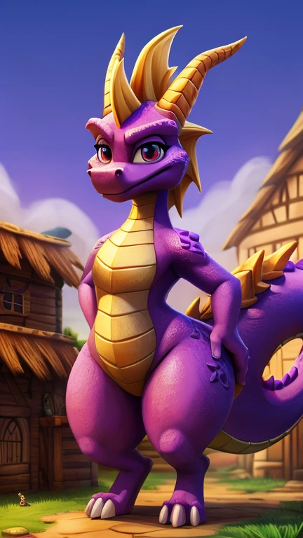 Spyro, Feral, ((thick tail bottom)), female, wide hips, Best quality, macro, on a village