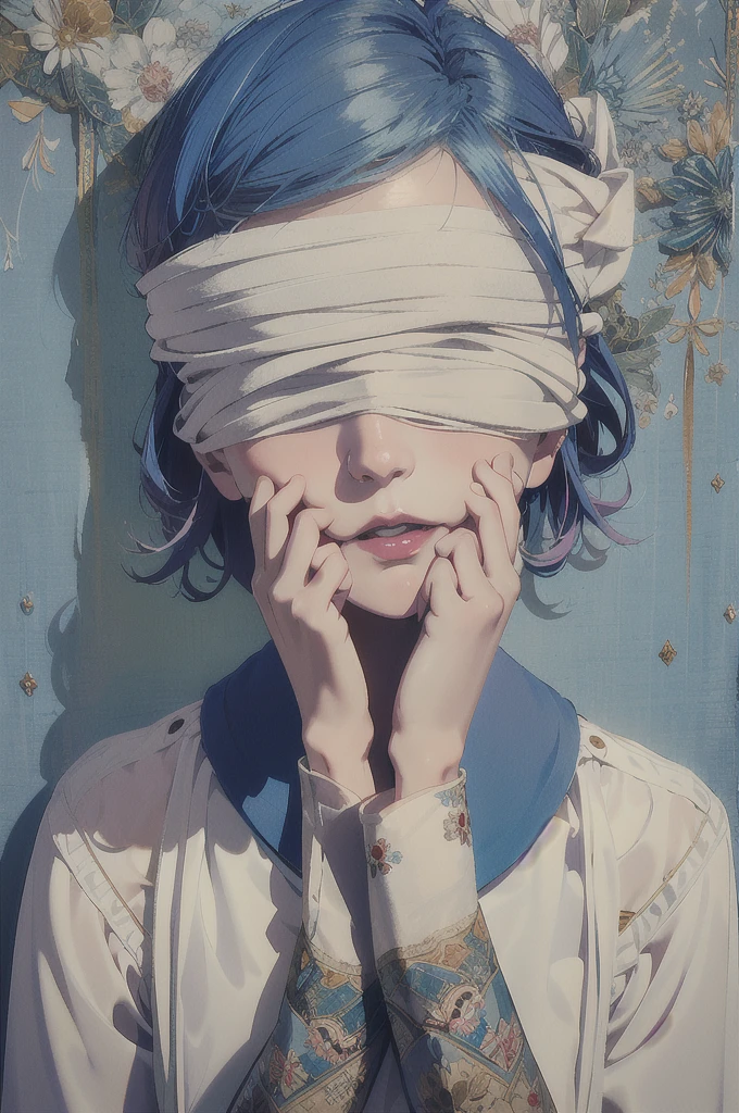 (masterpiece, top quality, best quality, official art, beautiful and aesthetic:1.2),
blindfold, solo, 1girl, open mouth, short light blue  hair, long sleeves, bangs, smile, upper body, bandages, shirt,
extreme detailed,highest detailed, optical mixing, playful patterns, lively texture, unique visual effect