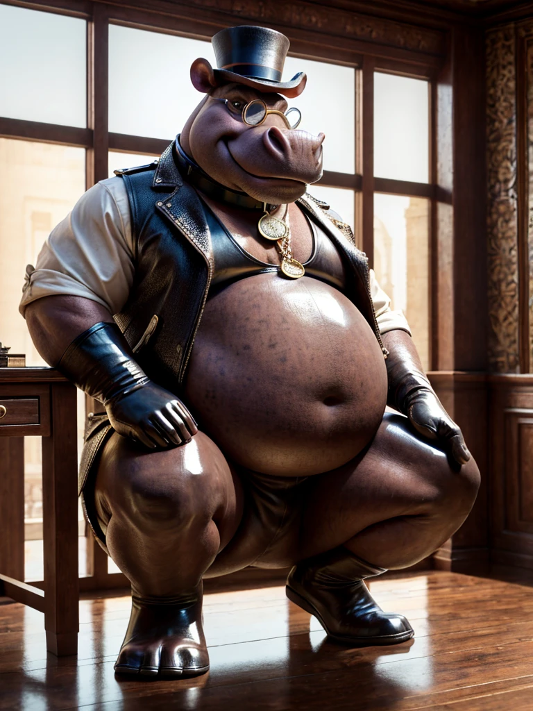 Hippopotamus, leather collar, white rubber gloves on hands and feet, white spats on feet, fat, bulging belly, large belly, steampunk, (high quality,4k,8k,highres,masterpiece:1.2),ultra-detailed,(realistic,photorealistic,photo-realistic:1.37), masterpiece,(intricate details), captivating artwork, artistically rendered, masterful strokes, attention to detail, tasteful composition, alluring charm, careful shading, great attention to anatomy, meticulous rendering, impeccable craftsmanship, vivid colors, perfect balance between realism and fantasy. Solo, Male, fat, squatting, extremely obese, gentleman, dapper Professor Hippopotamus, bulging belly, large belly, blue eyes, (posing:1.3), (soft shading), 4k, hi res, ((detailed face, detailed)), looking at viewer, mouth wide open, office, office setting, collared shirt with buttons, top hat, male focus, Explorer Outfit, glasses, monocle, vest with buttons, sleeves rolled up, round eyewear, brown headwear, brown vest, Hippopotamus is wearing a glossy leather dog collar around the neck, Hippopotamus is wearing the leather collar and shirt and vest at the same time, Hippopotamus is wearing glossy white rubber gloves on the hands, wearing white rubber gloves on the feet, gloves are rubber in texture, clenching teeth, clenching fists, leather collar is glossy and shiny with a lot of detail, Hippopotamus is wearing gloves and leather collar at the same time, leather collar has a round dog-tag, leather collar is thick and detailed, steampunk attire.