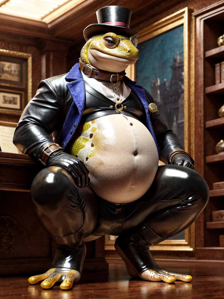 Gecko, leather collar, white rubber gloves on hands and feet, white spats on feet, fat, bulging belly, large belly, steampunk, (high quality,4k,8k,highres,masterpiece:1.2),ultra-detailed,(realistic,photorealistic,photo-realistic:1.37), masterpiece,(intricate details), captivating artwork, artistically rendered, masterful strokes, attention to detail, tasteful composition, alluring charm, careful shading, great attention to anatomy, meticulous rendering, impeccable craftsmanship, vivid colors, perfect balance between realism and fantasy. Solo, Male, fat, squatting, extremely obese, gentleman, dapper Professor Gecko, bulging belly, large belly, blue eyes, (posing:1.3), (soft shading), 4k, hi res, ((detailed face, detailed)), looking at viewer, mouth wide open, office, office setting, collared shirt with buttons, top hat, male focus, Explorer Outfit, glasses, monocle, vest with buttons, sleeves rolled up, round eyewear, brown headwear, brown vest, Gecko is wearing a glossy leather dog collar around the neck, Gecko is wearing the leather collar and shirt and vest at the same time, Gecko is wearing glossy white rubber gloves on the hands, wearing white rubber gloves on the feet, gloves are rubber in texture, clenching teeth, clenching fists, leather collar is glossy and shiny with a lot of detail, Gecko is wearing gloves and leather collar at the same time, leather collar has a round dog-tag, leather collar is thick and detailed, steampunk attire.