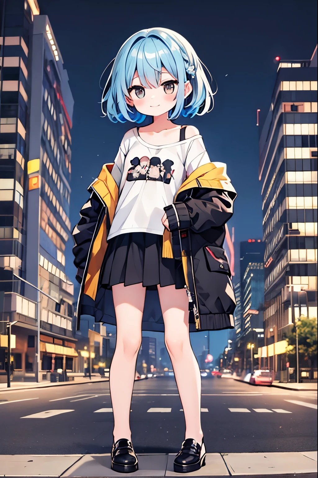 1girl, black_skirt, blue_hair, building, city, cityscape, hair_between_eyes, jacket, looking_at_viewer, medium_hair, multicolored_hair, multiple_boys, night, off_shoulder, outdoors, pleated_skirt, road, shirt, skirt, skyscraper, smile, solo_focus, street, white_shirt