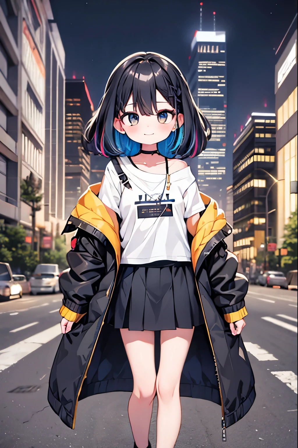 1girl, black_skirt, blue_hair, building, city, cityscape, hair_between_eyes, jacket, looking_at_viewer, medium_hair, multicolored_hair, multiple_boys, night, off_shoulder, outdoors, pleated_skirt, road, shirt, skirt, skyscraper, smile, solo_focus, street, white_shirt