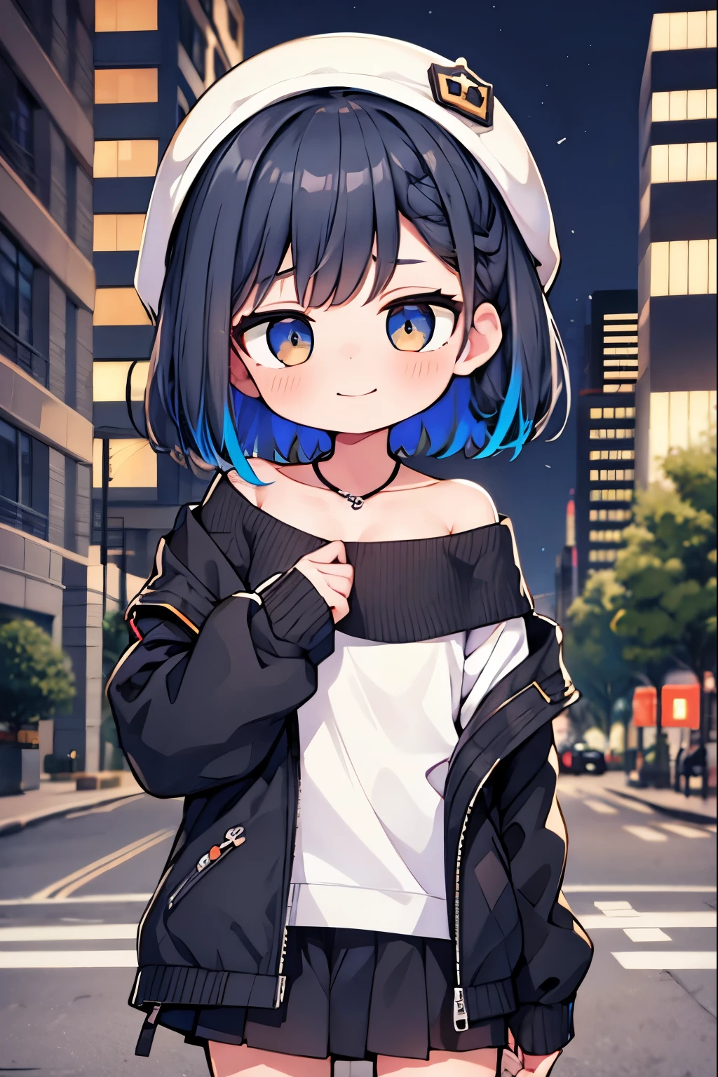 1girl, black_skirt, blue_hair, building, city, cityscape, hair_between_eyes, jacket, looking_at_viewer, medium_hair, multicolored_hair, multiple_boys, night, off_shoulder, outdoors, pleated_skirt, road, shirt, skirt, skyscraper, smile, solo_focus, street, white_shirt