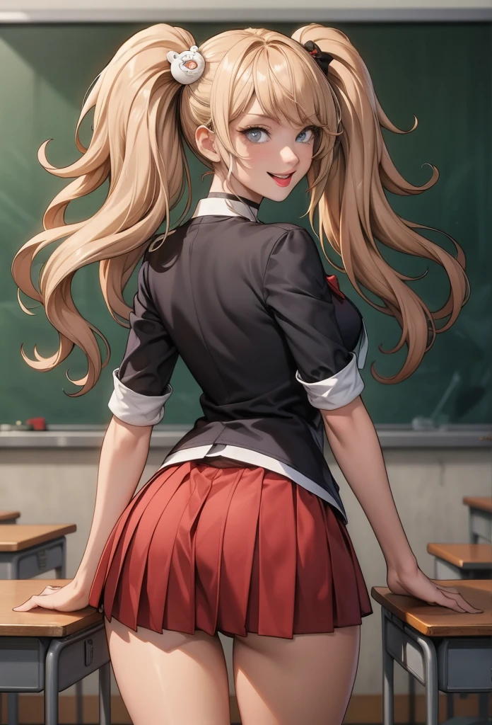 perfect eyes:1.2, detailed eyes:1.4, junko enoshima, grin, blonde hair, blue eyes, tongue out, breasts, shirt outside, twintails, bear hair ornament, school uniform, black shirt, white necktie, red bow, sleeves rolled up, red skirt, choker, cowboy shot, 1girl, solo, (masterpiece:1.6, best quality), 8k, insane details, intricate details, hyperdetailed, hyper quality, high detail, ultra detailed, professional, HDR, ray tracing reflection, cinematic lighting,