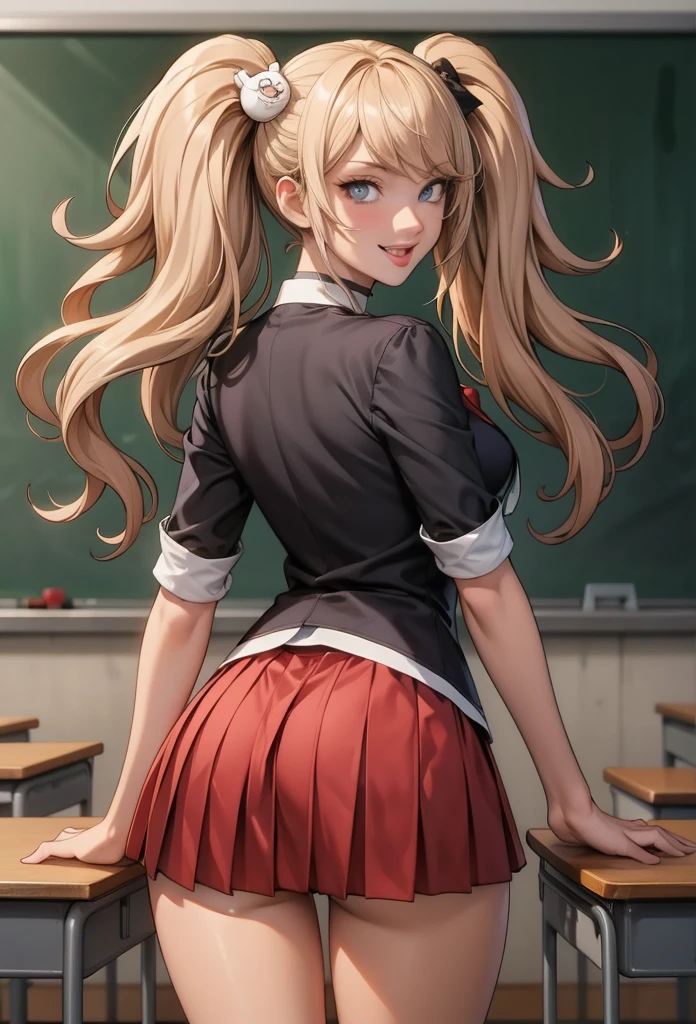 perfect eyes:1.2, detailed eyes:1.4, junko enoshima, grin, blonde hair, blue eyes, tongue out, breasts, shirt outside, twintails, bear hair ornament, school uniform, black shirt, white necktie, red bow, sleeves rolled up, red skirt, choker, cowboy shot, 1girl, solo, (masterpiece:1.6, best quality), 8k, insane details, intricate details, hyperdetailed, hyper quality, high detail, ultra detailed, professional, HDR, ray tracing reflection, cinematic lighting,