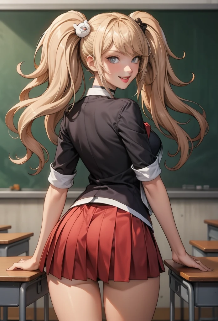 perfect eyes:1.2, detailed eyes:1.4, junko enoshima, grin, blonde hair, blue eyes, tongue out, breasts, shirt outside, twintails, bear hair ornament, school uniform, black shirt, white necktie, red bow, sleeves rolled up, red skirt, choker, cowboy shot, 1girl, solo, (masterpiece:1.6, best quality), 8k, insane details, intricate details, hyperdetailed, hyper quality, high detail, ultra detailed, professional, HDR, ray tracing reflection, cinematic lighting,