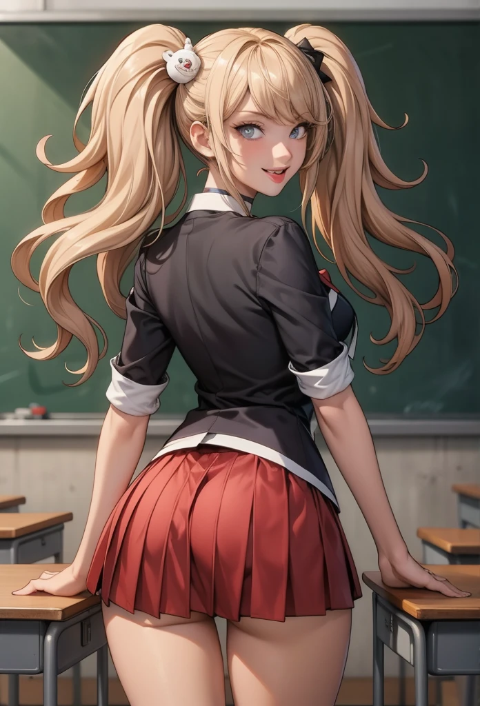 perfect eyes:1.2, detailed eyes:1.4, junko enoshima, grin, blonde hair, blue eyes, tongue out, breasts, shirt outside, twintails, bear hair ornament, school uniform, black shirt, white necktie, red bow, sleeves rolled up, red skirt, choker, cowboy shot, 1girl, solo, (masterpiece:1.6, best quality), 8k, insane details, intricate details, hyperdetailed, hyper quality, high detail, ultra detailed, professional, HDR, ray tracing reflection, cinematic lighting,