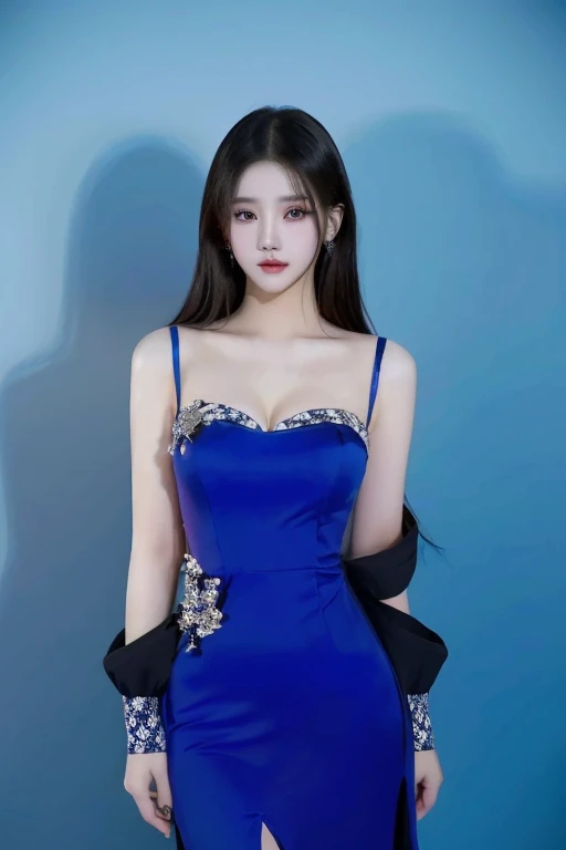 una mujer con un vestido azul posando para una foto de ojos claros, sha xi, jia, lu ji, Jaeyeon Nam, jinyoung shin, dilraba dilmurat, xianxia de cuerpo completo, Wenfei Ye, Hwang Se - En, chen xintong, Xision Wu, xuehan, in a blue qipao, en vestido azul, chengyou liu, Físico : el abdomen más pequeño jamás visto, jisoo from blackpink, popular south korean makeup, quality detailed ,(beautiful makeup :1.2), Wide hips, big, big ass, (best quality, 8K, masterpiece: 1.3), Clear focus: 1.2, Perfect body beauty: 1.4, strong abs, Very detailed face and skin texture. , detailed eyes, double eyelids, (long hair), having very marked curves, with greater volume in ((hips and breasts)), which makes the waist look much smaller ((wasp waist)