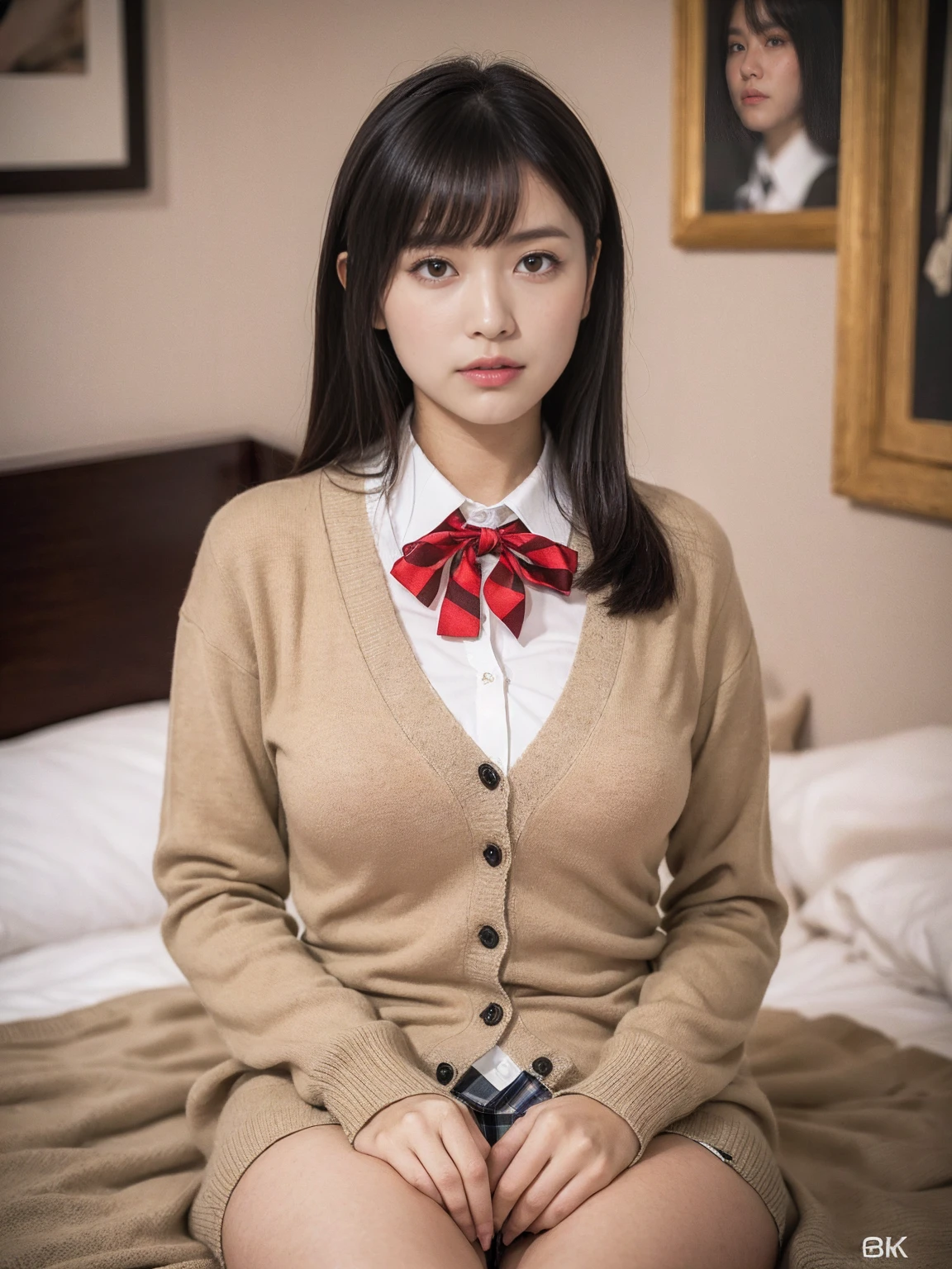 (((8K、High resolution、Highest quality、High resolution)))alone、Natural body shape、White skin、Natural Makeup、Black Hair、bangs、Straight Long Hair、、((High School Uniform)) 、((Beige cardigan、white collared long sleeve blouse))、((Red Plaid Pleated Skirt))、(red school ribbon)、、(Big Breasts:1.3)、((The upper body is wearing a uniform))、(((((Looking into the camera)))))、(((Head to shin portrait)))、(((Exposing thighs)))、Bedroom、On the bed、Sit with your legs apart、((Focus on the crotch))、White socks