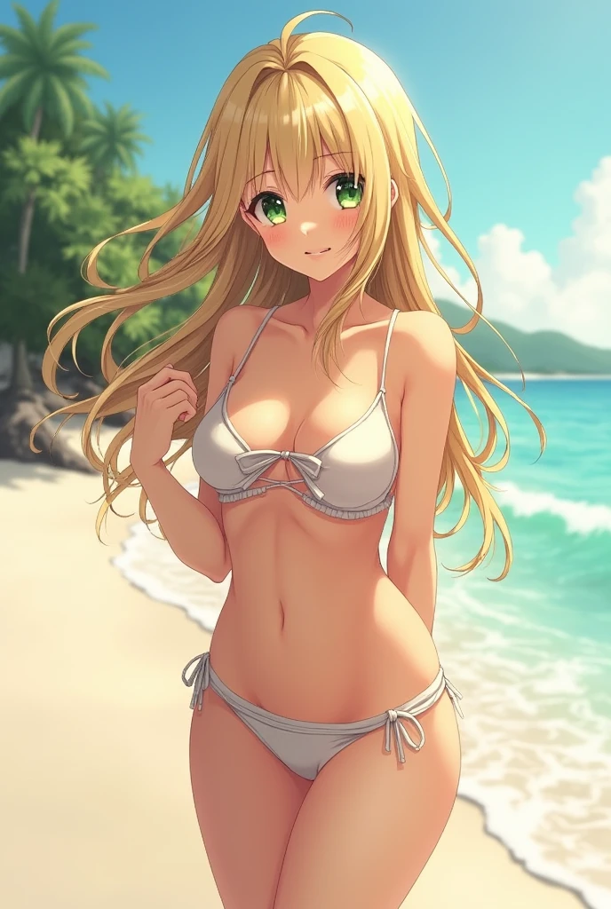 masterpiece, rich colors, Best quality, detailed, high resolution, Hyper quality, high detail, , high quality, detailing, skinny sexy girl on the beach , bright lighting , green eyes, anime, palm trees, bright lighting,