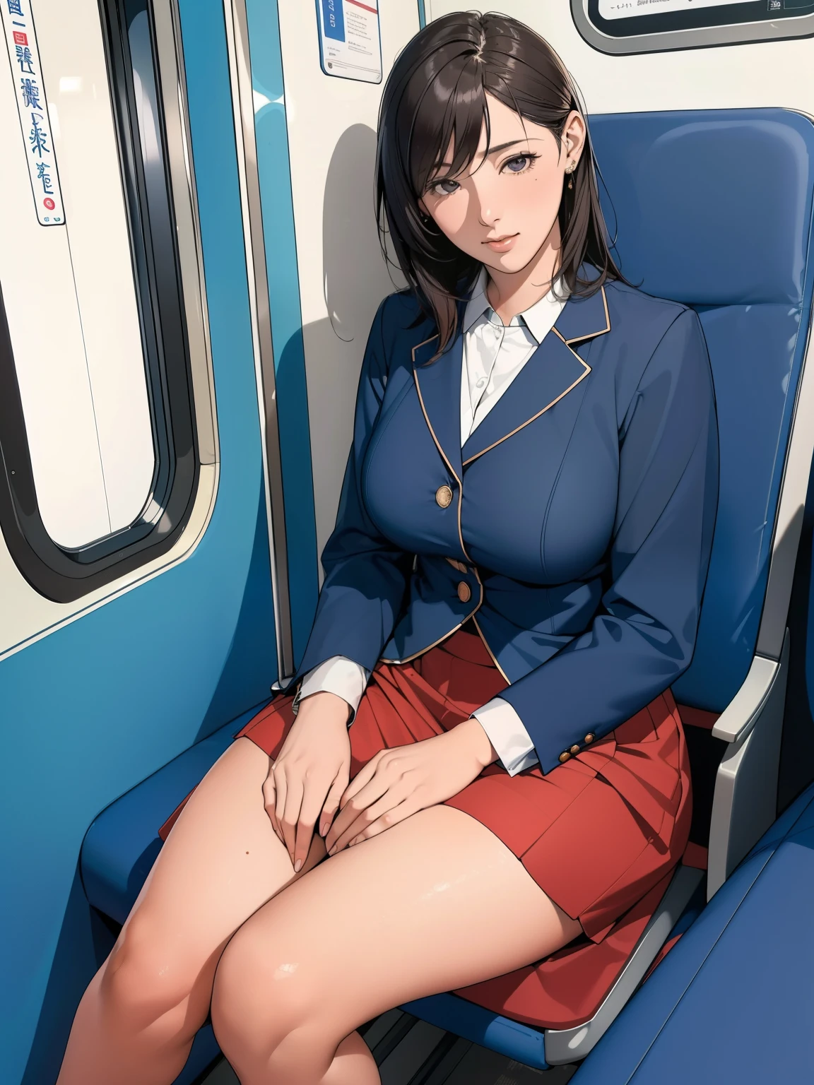 ((Highest quality,High resolution,Very detailed)), (Sharp details, Written boundary depth), real photo style, Mature Woman, ((Sit facing forward)), 電車のSitting in a seat, Sitting in a seat, Pose for a commemorative photo, ((Chair to sit under skirt)), View from opposite seats, Inside a commuter train, The woman&#39;s head is leaning against the rear window pane.., A shot from a slightly lower angle, ((Holding the hem of her skirt with both hands)), Summer knit dress with cut-out neckline, Exquisite and sophisticated features, Confused expression, Black Hair, Japanese women, Dark brown eyes, double eyelid, , She wears sexy white lace panties over her tights, Tights over tights。