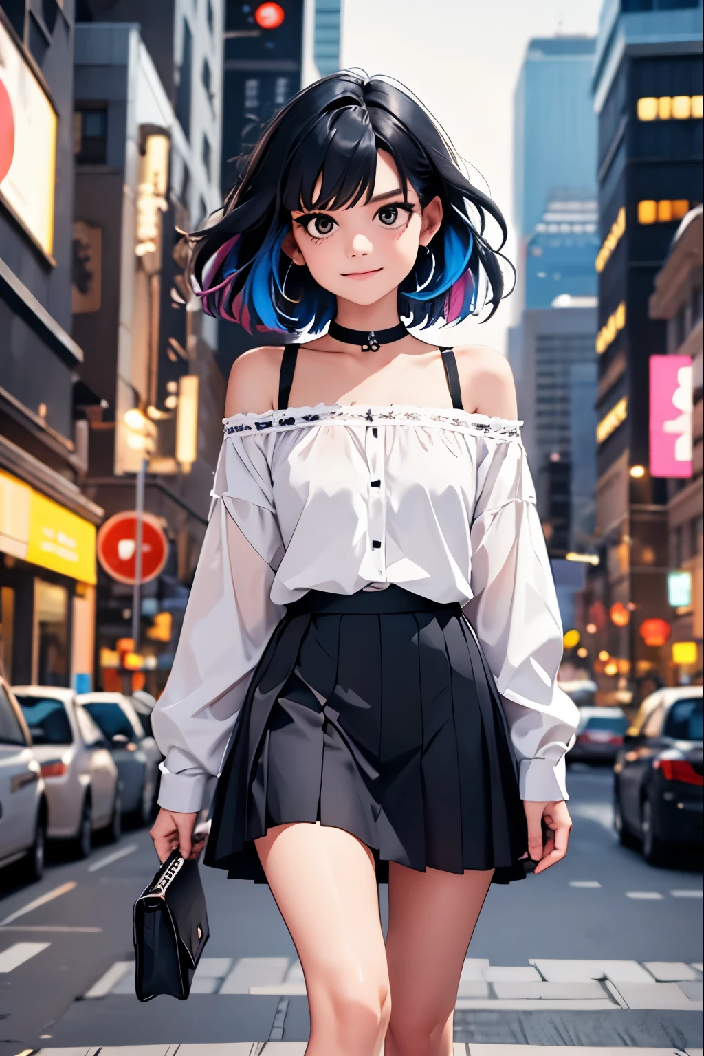 1girl, black_skirt, blue_hair, building, city, cityscape, hair_between_eyes, jacket, looking_at_viewer, medium_hair, multicolored_hair, multiple_boys, night, off_shoulder, outdoors, pleated_skirt, road, shirt, skirt, skyscraper, smile, solo_focus, street, white_shirt