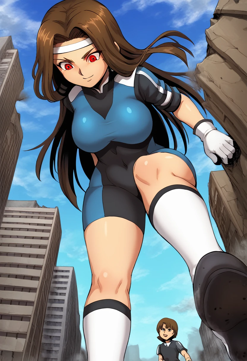 ultra-detailed, detailed face, detailed eyes, retro anime style, cartoon style, front view, from bottom, low angle, powerful shot, powerful effects, dynamic effects, dynamic shot, 

athletic curvy physique, inverted body type, attractive feminine curves, big breasts, curvy legs and arms, feminine curvy figure, (thick thighs, thick calves, thick voluptuous legs, big curvy hip, bare knees), ((style of plump voluptuous body)), plump thighs, plump calves, 

white gloves, gloves, blue bodysuit, dark emperors, white over-the-calf socks,
brown long hair, red glowing eyes, 

1 beautiful giant girl, looking down with gallant smile, (running with destroying buildings, sprinting between buildings, leaning forward, stepping forward, put one foot forward, put one knee forward, put one leg forward, chasing small people around her feet),  rampage, corrupted city, destroyed buildings, corrupted buildings, scattered rubble around her feet, cracks on the road she walked along, trampling tiny human with her foot, trampled human, dusts are rolled up every she steps, overwhelming, terrible, emphasis lines, motion blur, motion lines, dutch angle,

building size, 1boy, kurosaki makoto, long hair, red eyes, brown hair, headband, 