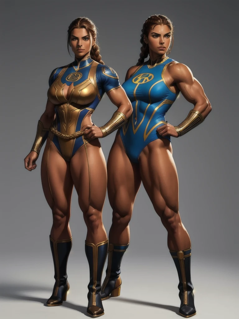 ((best quality)), ((4k)), ((highres)), ((masterpiece:1.2)). ((detailed)), ((ultra realistic)), ((intricate details)), ((full body picture)), ((character design sheet)), ((blank background)), a full body picture of a beautifull greek female, mediterranean woman, greco-roman wrestler woman, tall woman, mediterranean tanned skin, detailed eyes, detailed lips, brown eyes, about 2, about 6'5 ft. tall, long pulled back braided light hazel hair, ((very light hazel hair)), slicked-back long hair, perfect body, hourglass body type, very muscular body, strongwoman body type, powerlifter body type, dressed in a superhero greco-roman wrestler outfit ((emphasis on her superhero greco-roman wrestler outfit)), tight shorts, boots, bronze outfit, ((emphasis on her bronze outfit)), superhero wrestler character, superhero character, superhero concept art, superhero character concept art, full body, full body concept art, full body art
