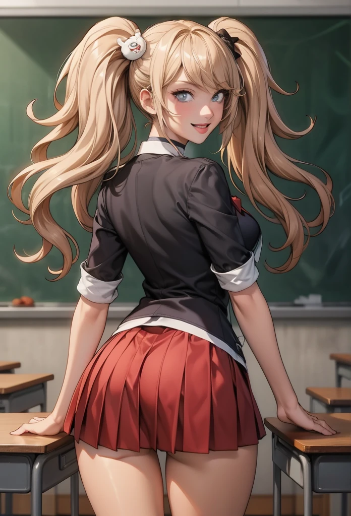 perfect eyes:1.2, detailed eyes:1.4, junko enoshima, tongue out:1, grin, blonde hair, blue eyes, breasts, shirt outside, twintails, bear hair ornament, school uniform, black shirt, white necktie, red bow, sleeves rolled up, red skirt, choker, cowboy shot, 1girl, solo, (masterpiece:1.6, best quality), 8k, insane details, intricate details, hyperdetailed, hyper quality, high detail, ultra detailed, professional, HDR, ray tracing reflection, cinematic lighting,