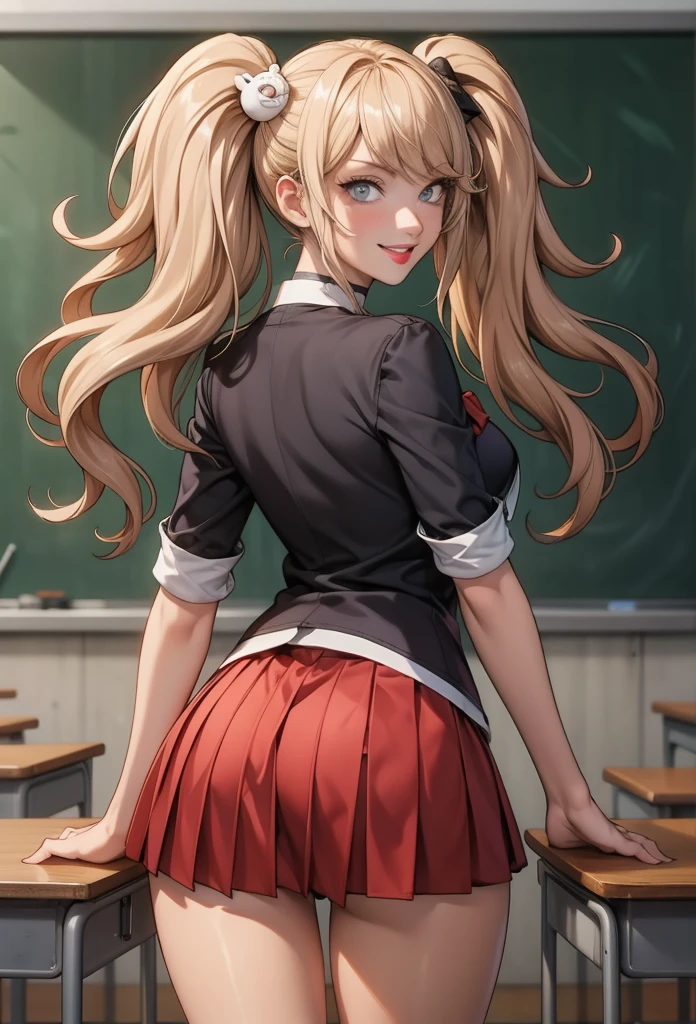 perfect eyes:1.2, detailed eyes:1.4, junko enoshima, tongue out:1, grin, blonde hair, blue eyes, breasts, shirt outside, twintails, bear hair ornament, school uniform, black shirt, white necktie, red bow, sleeves rolled up, red skirt, choker, cowboy shot, 1girl, solo, (masterpiece:1.6, best quality), 8k, insane details, intricate details, hyperdetailed, hyper quality, high detail, ultra detailed, professional, HDR, ray tracing reflection, cinematic lighting,