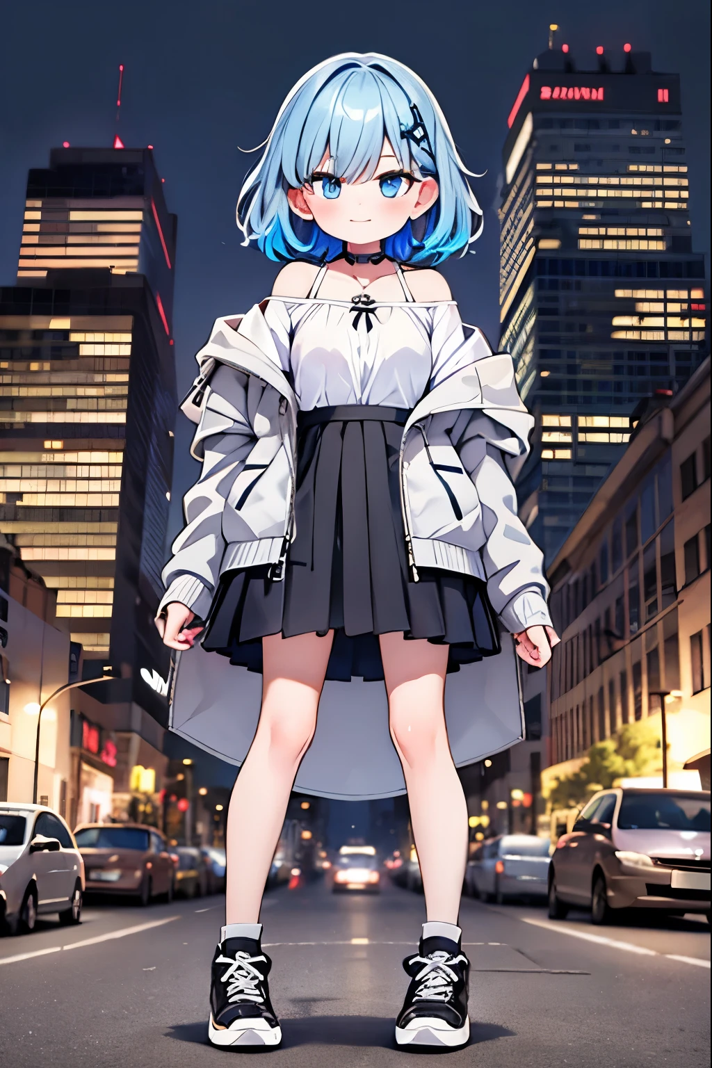 1girl, black_skirt, blue_hair, building, city, cityscape, hair_between_eyes, jacket, looking_at_viewer, medium_hair, multicolored_hair, multiple_boys, night, off_shoulder, outdoors, pleated_skirt, road, shirt, skirt, skyscraper, smile, solo_focus, street, white_shirt