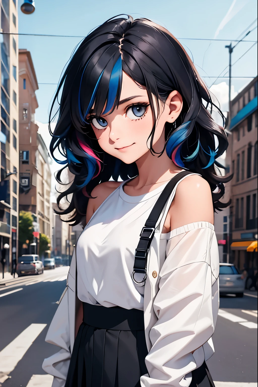 1girl, black_skirt, blue_hair, building, city, cityscape, hair_between_eyes, jacket, looking_at_viewer, medium_hair, multicolored_hair, multiple_boys, night, off_shoulder, outdoors, pleated_skirt, road, shirt, skirt, skyscraper, smile, solo_focus, street, white_shirt