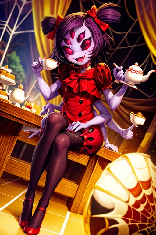 masterpiece, best quality, a beautiful and detailed portriat of muffet,(muffetwear), monster girl,((purple body:1.3)),humanoid, arachnid, anthro,((fangs)),pigtails,hair bows,5 eyes,spider girl,6 arms,solo,smile, clothed, open mouth, awesome and detailed background, holding teapot, holding teacup, 6 hands,detailed hands,((spider webs:1.4)), storefront that sells pastries and tea,bloomers,(red and black clothing),inside,pouring into teacup,wide angle lens, ((fish eye effect)) ,armwear, thick_thighs, spread legs, knees,