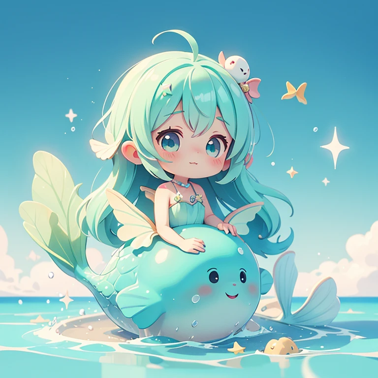 １people、Mermaid、Happy atmosphere，Cute Style，Cute cartoon，round background，masterpiece　Fairy　長いwater色の髪　Cute Characters　 Anime Style　The whole body is visible　Charm　High resolution　delicate　people魚　water
