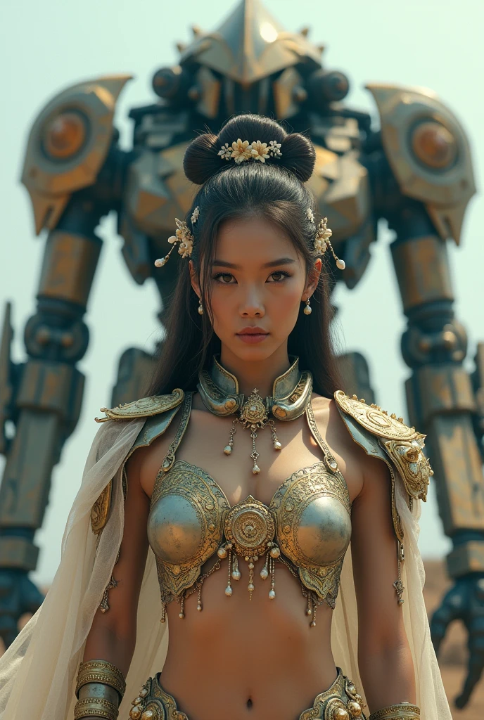 an exotic Asian woman is standing in front of a giant robot, an epic album cover, Imogen Poots as a paladin, vivid color, Mighty Princess of the Wasteland, Skynet, intricate Biopunk patterns, queen of Warrior,  High-quality retouching to enhance the natural beauty of the model and the flowers. Emphasize the colors and textures, and use a subtle vignette to draw attention to the center of the image. Aim for a photo-realistic finish with a touch of surrealism.