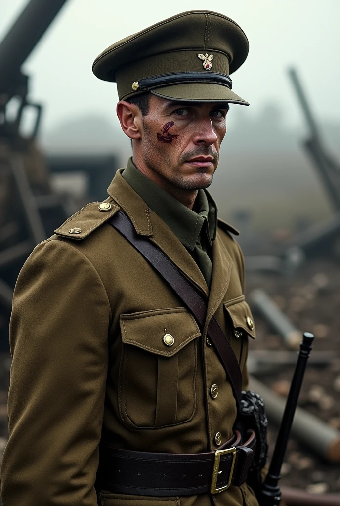 soldado americano da segunda guerra mundial, com uniforme de 1993, with arms crossed, on a street with realistically destroyed houses and buildings in the style of 1943, 4k, complete in high definition