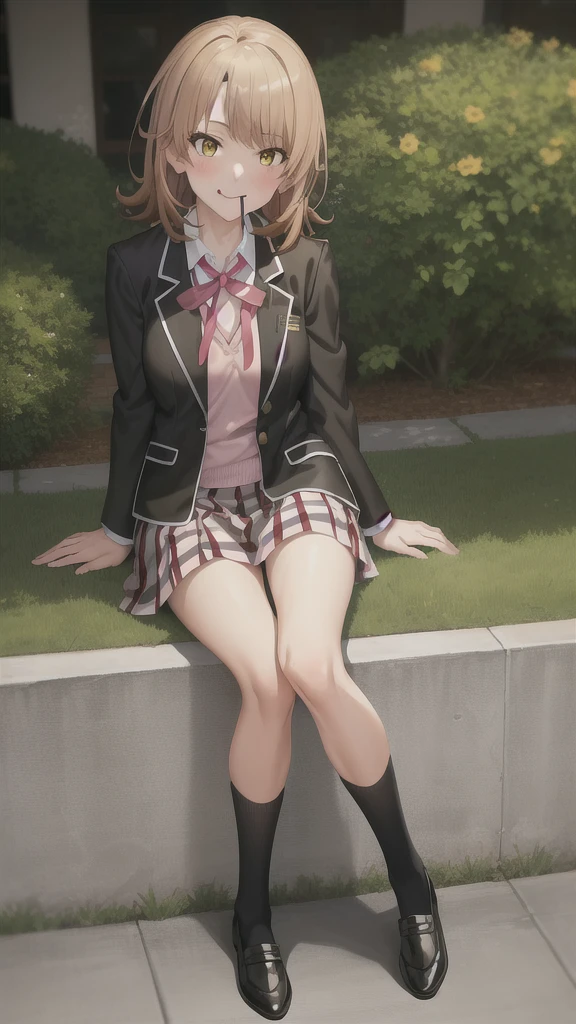 masterpiece, high quality, 最high quality, High resolution, 4K, High resolution, Beautiful lighting,Highly detailed face, Well drawn hands, Well drawn legs,Well drawn feet,Well drawn eyes,One girl, ABC,Brown Hair , short hair, Yellow Eyes, Sobu High School Uniform, (((Black blazer))),((( Pink Shirt))), Red ribbon , Checked skirt,Black socks, smile,Mouth closed, from the front,