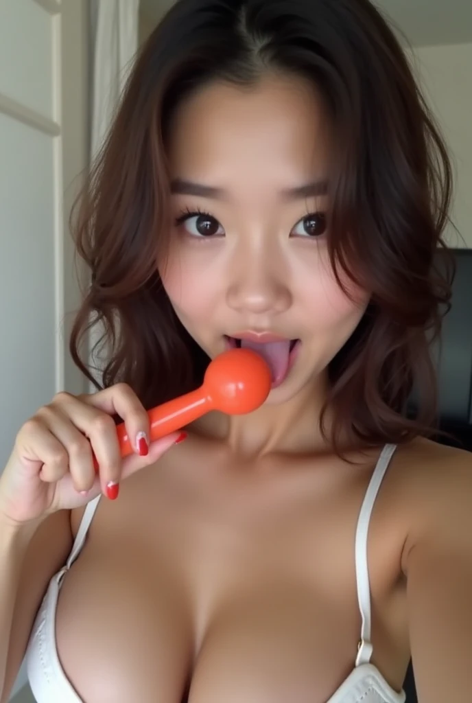 Asian girl wirh brown hair cat ear playing on a playstation with a headset. Double D cup breasts. Dark Blue . Covered in cum. Smiling. Camera from above. Nipples. Sucking on a pink dildo