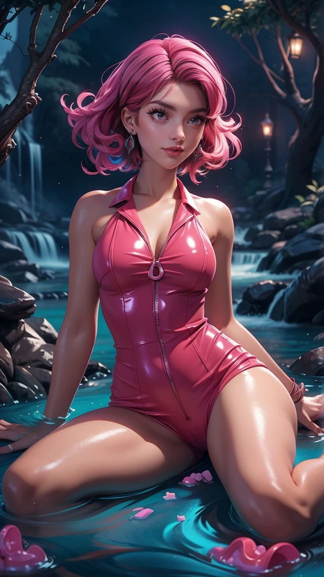 A woman in a pink outfit is sitting in a forest A beautiful alluring candy hybrid african female, covered in gooey sticky candy, curly afro pink cotton candy hair, dark skin, inside a gooey candy filled river at fantasy candy forest, fantasy Theme, candy Theme, Fiverr Dnd Character, Octane Render, Digital Art, Extreme Detail, 4k, Ultra Hd, Polished, Beautiful, Hyperdetailed, Intricate, Elaborate, Meticulous, Photorealistic, Sharp Focus, Wlop, Character Design, Unreal Engine, 3d Rendered, Volumetric Lighting, Reflections, Glossy, Digital Illustration, Sensual Pose, Suggestive Pose, Lewd, Full Body Shot, anatomically correct 💖❤💕💋❣ 