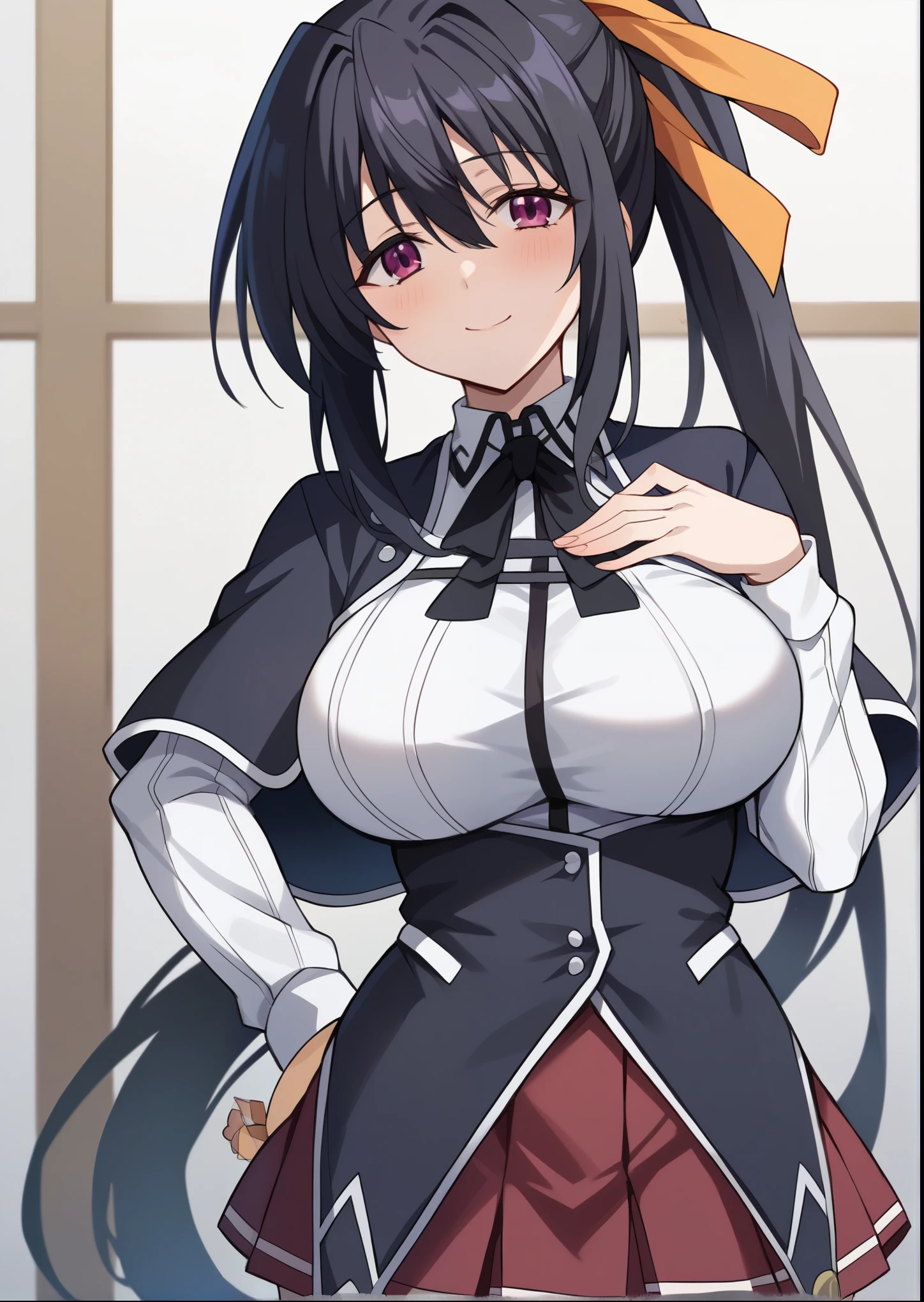 masterpiece, best quality, vibrant colours highres, absurdres, score_9, score_8_up, score_7_up, score_9, BREAK akenohimejimaSDXL, 1girl, solo, long hair, breasts, looking at viewer, blush, smile, bangs, skirt, large breasts, school yard background, shirt, black hair, ribbon, hair between eyes, very long hair, closed mouth, school uniform, purple eyes, hair ribbon, white shirt, ponytail, cowboy shot, pleated skirt, hand on hip, capelet, red skirt, hand on own chest, yellow ribbon, black capelet, orange ribbon, himejima akeno,