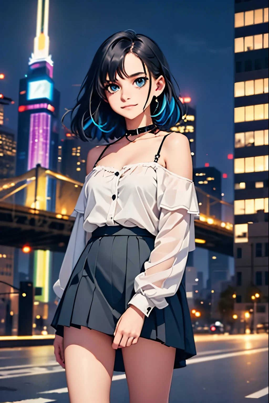 1girl, black_skirt, blue_hair, building, city, cityscape, hair_between_eyes, jacket, looking_at_viewer, medium_hair, multicolored_hair, multiple_boys, night, off_shoulder, outdoors, pleated_skirt, road, shirt, skirt, skyscraper, smile, solo_focus, street, white_shirt
