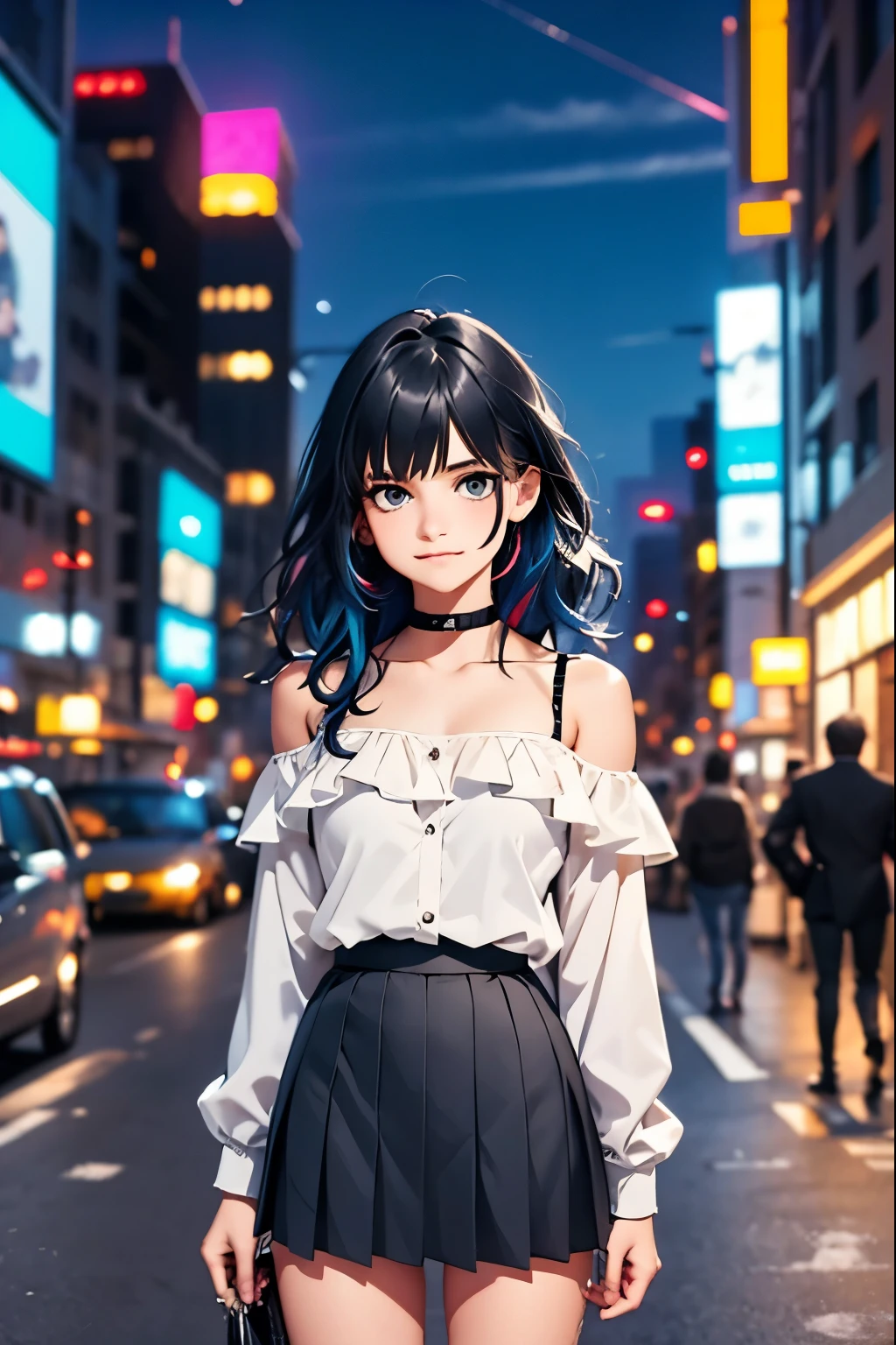 1girl, black_skirt, blue_hair, building, city, cityscape, hair_between_eyes, jacket, looking_at_viewer, medium_hair, multicolored_hair, multiple_boys, night, off_shoulder, outdoors, pleated_skirt, road, shirt, skirt, skyscraper, smile, solo_focus, street, white_shirt
