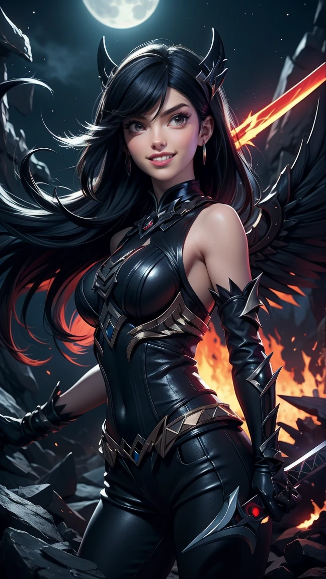 A woman with a black top and red eyes is holding a sword Create a compelling, pitch-black artwork featuring piercing red eyes, sinister grin, sparkling teeth, cracked mouth, sharp fangs. Achieving (Meisterwerk: 1.2), it merges vibrant fan art, captivating mystery, entrancing beauty, and underlying strength. Infuse depth from platforms like pixiv (pixiv: 1.4). Utilize volumetric lighting and background illumination. Backdrop: starry night, twinkling stars, soft moonlight. Celestial contrast intensifies impact of grin and fiery eyes, interplay between light and darkness. Volumetric lighting: depth, subtle shadows. Background illumination: cracked mouth, razor-sharp fangs' details, amplifies malevolent elements. Unite elements for artwork captivating eyes, stirring soul. Let it linger, testament to beauty, mystery, strength. Edit, refine via stable diffusion for distinct style.