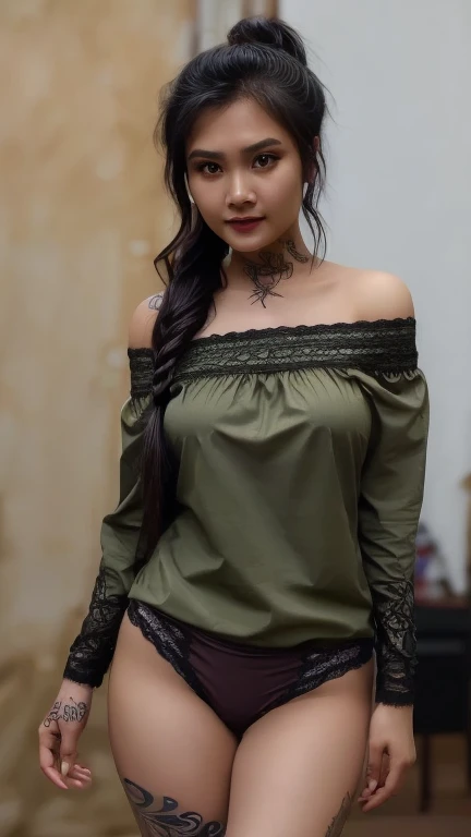 ((best quality)), ((masterpiece)), (detailed), perfect face, body posture,

1girl, indonesian, (curvy:0.2), hair tied in a ponytail, ((tattooed)),

wearing off-shoulder shirt, lace panties, standing, hands hidden, dynamic pose, looking at viewer