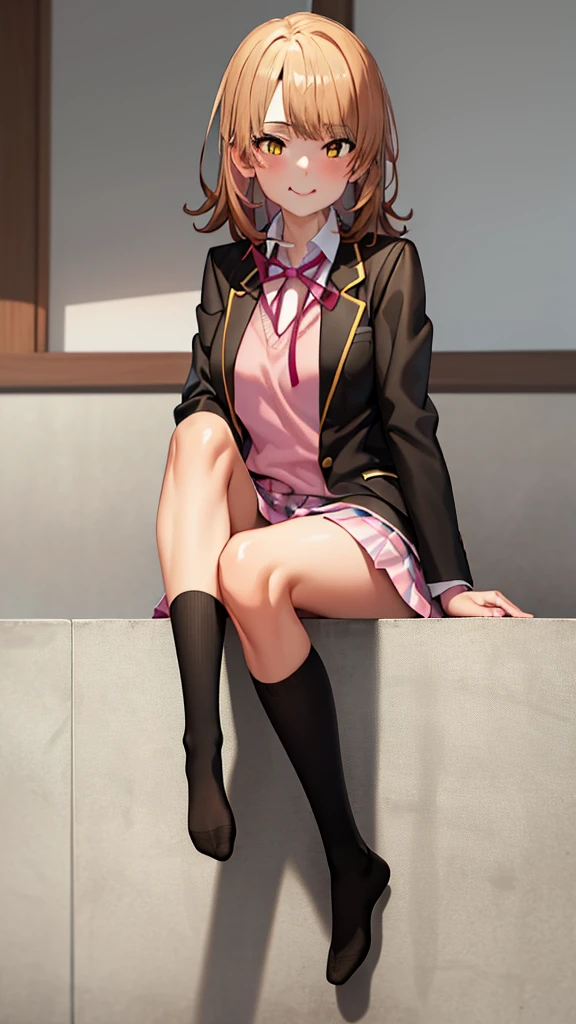 masterpiece, high quality, 最high quality, High resolution, 4K, High resolution, Beautiful lighting,Highly detailed face, Well drawn hands, Well drawn legs,Well drawn feet,Well drawn eyes,One girl, ABC,Brown Hair , short hair, Yellow Eyes, Sobu High School Uniform, (((Black blazer))),((( Pink Shirt))), Red ribbon , Checked skirt,Black socks, smile,Mouth closed, from the front,