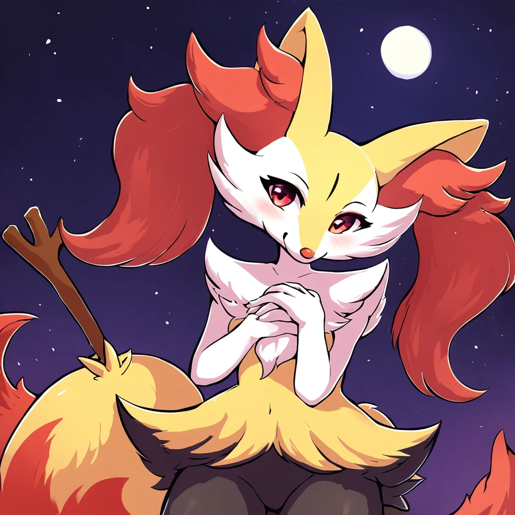 Super cute Braixen with both hands on chest in anime art style, nocturne background