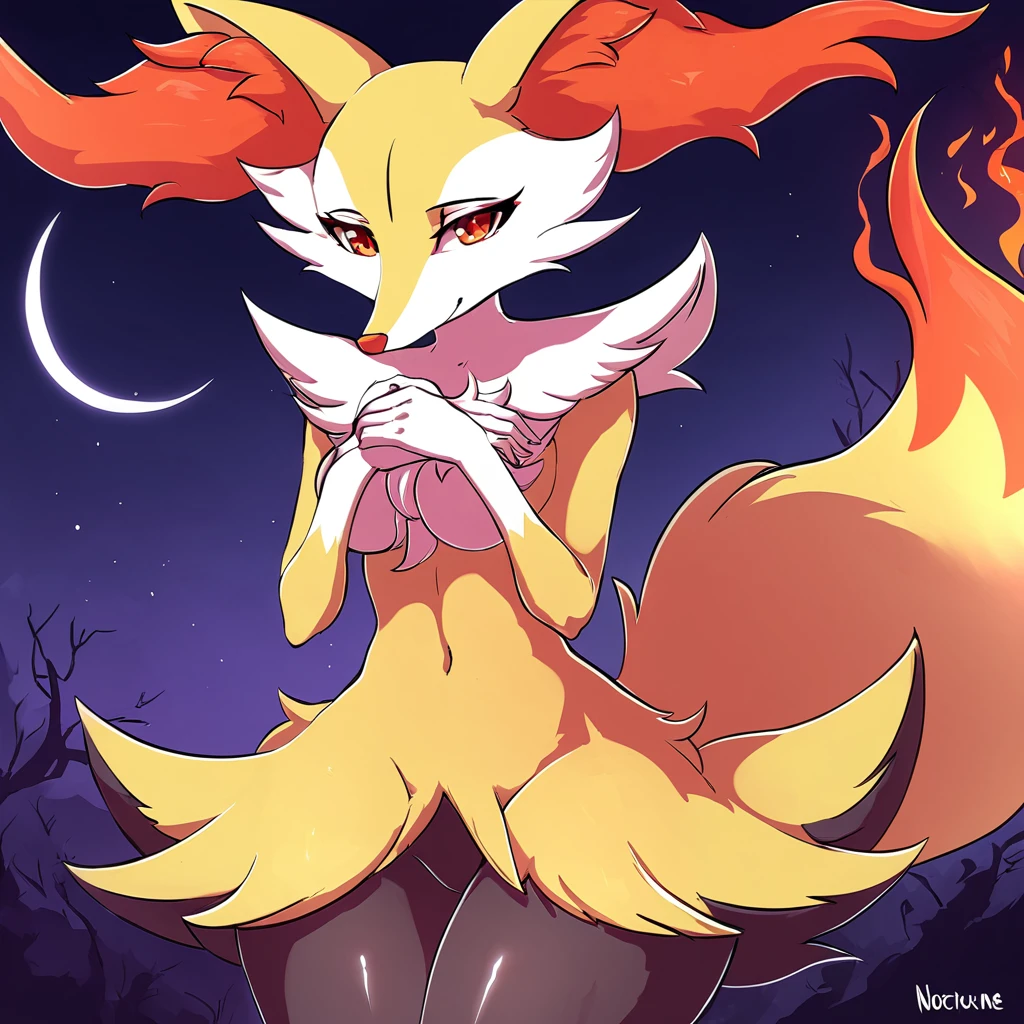 Super hot Braixen with both hands on her chest in anime art style, nocturne background