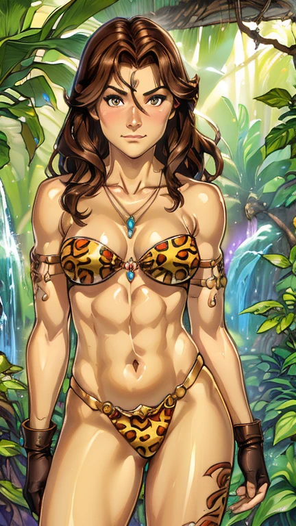 (1girl, jenna), (extremely detailed CG unit 8k wallpaper),(master part), (best quality), (ultra detail), (best illustration),(Tsukasa hojo), cowboy shot, (Sharp eyeliner, ombre, detailed eyes:1), jungle, vines, ArsMJStyle, Art Nouveau background, break , standing ,upper body, ((Necklace))),(((shiny body))),(((shiny skin))),front tie bra,(((underboobs))),(((midriff))),1girl,solo,long hair,looking at viewer,blush,(((brown hair))),navel,hair between eyes,bare shoulders,brown eyes,purple eyes,collarbone,swimsuit,strapless,bikini,medium size breasts,outdoors,fang,v-shaped eyebrows,nature,yellow bikini,animal print,print bikini,
armlet, armor,bracelet, fingerless gloves, jewelry,shoulder armor, tribal, 