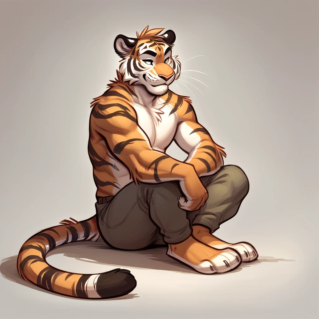 mammal, solo, Tiger, sitting, anthro,  score_9, score_8_up, score_7_up, source_furry