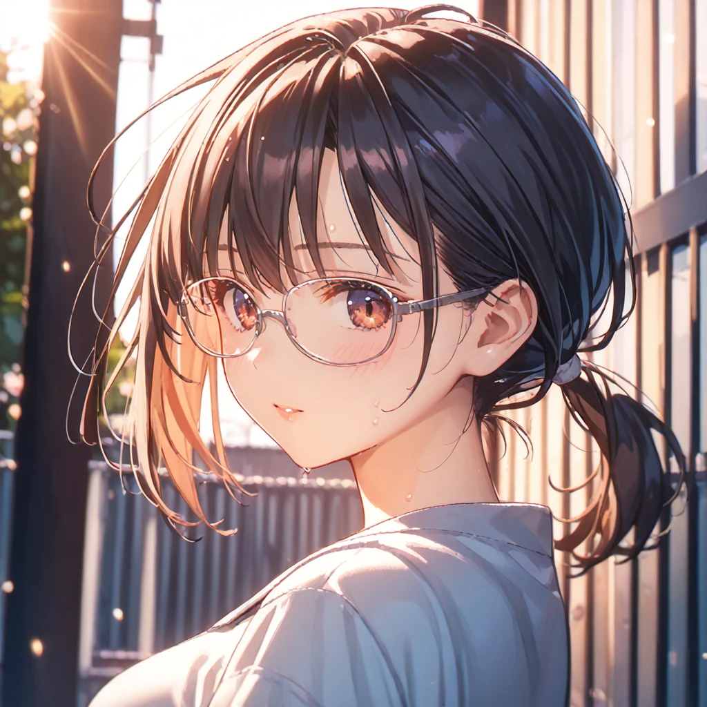 (by mitsumi misato:1), absurdres, highres,source_anime,,break,1girl, tomboy, glasses, short hair, low ponytail, medium breasts, beautiful detailed eyes, shorts, sweat, sleepily, outdoors, wind, (Detailed Lighting), (Detailed background),break,(clear line illustration:1.2), super detailed skin, shiny skin, very aesthetic, Best sexual lighting powered by famous artist, 8k, 16k, cute picture,beauty illustration,photoshop_(medium),,(Detailed Lighting),best anime 8k konachan wallpaper, pixiv contest winner, 