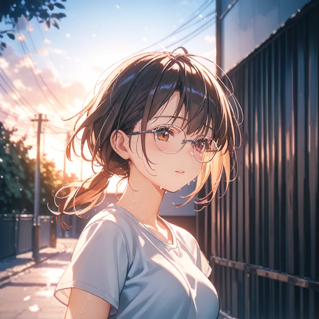 (by mitsumi misato:1), absurdres, highres,source_anime,,break,1girl, tomboy, glasses, short hair, low ponytail, medium breasts, beautiful detailed eyes, shorts, sweat, sleepily, outdoors, wind, (Detailed Lighting), (Detailed background),break,(clear line illustration:1.2), super detailed skin, shiny skin, very aesthetic, Best sexual lighting powered by famous artist, 8k, 16k, cute picture,beauty illustration,photoshop_(medium),,(Detailed Lighting),best anime 8k konachan wallpaper, pixiv contest winner, 