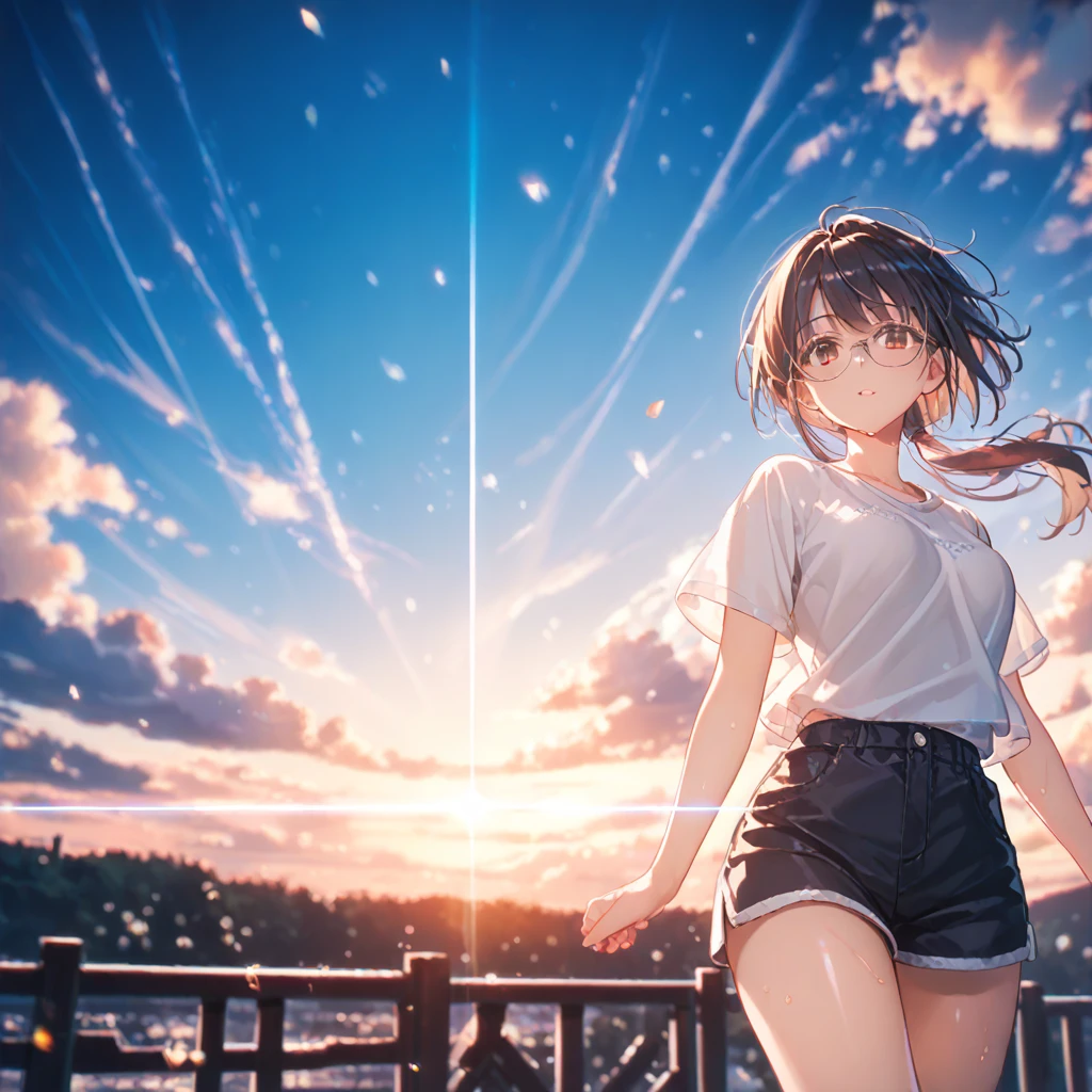 (by mitsumi misato:1), absurdres, highres,source_anime,,break,1girl, tomboy, glasses, short hair, low ponytail, medium breasts, beautiful detailed eyes, shorts, sweat, sleepily, outdoors, wind, (Detailed Lighting), (Detailed background),break,(clear line illustration:1.2), super detailed skin, shiny skin, very aesthetic, Best sexual lighting powered by famous artist, 8k, 16k, cute picture,beauty illustration,photoshop_(medium),,(Detailed Lighting),best anime 8k konachan wallpaper, pixiv contest winner, 